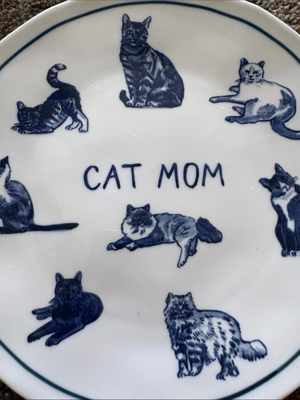 Anthropologie Cat Mom Ceramic 8.25 inch Dessert Plate - Blue and White